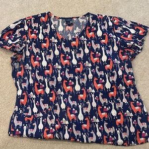 Llama Print Navy Scrub Top